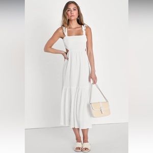 Lulus Dreamiest Darling White Smocked Tie-Back Tiered Midi Dress - size medium